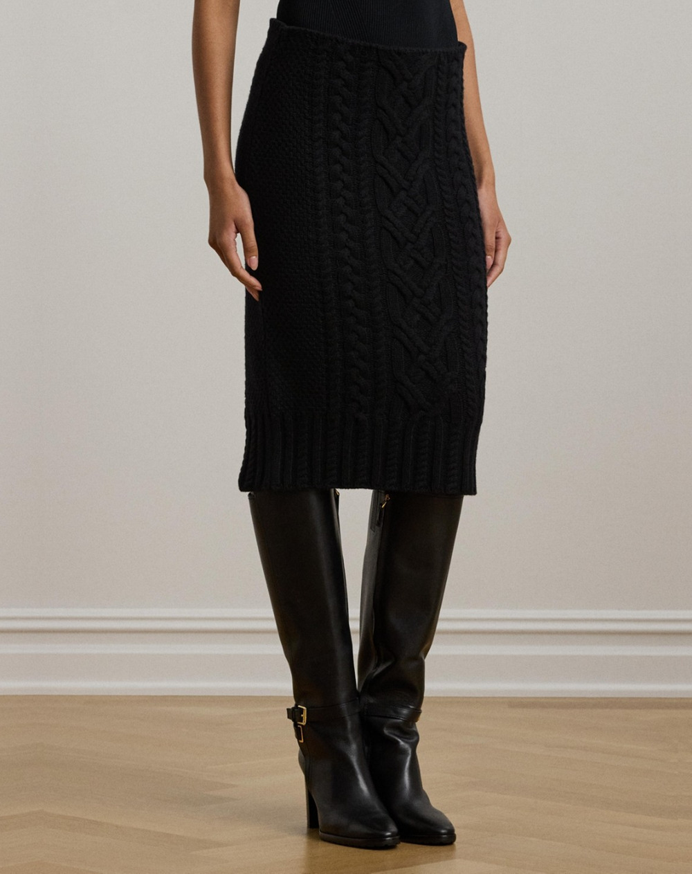 Lauren Ralph Lauren Women Aran Knit Wool Blend Pencil Midi Skirt Black Size S